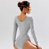 Simple Casual Solid Color Deep V-neck Slim Fit Waist-controlled Long Sleeves Jumpsuit Women
