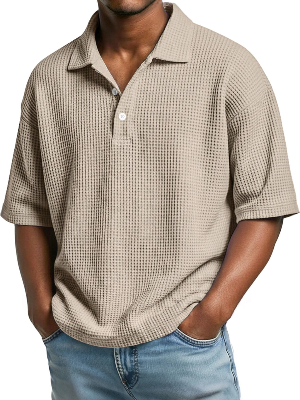Mens Minimalist Basic Waffle-knit Button-up Collar Top