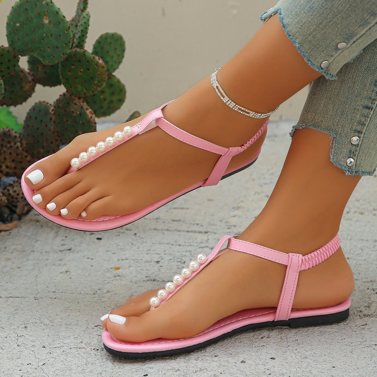 Pearl Thong Sandals Summer Fashion T-Strap Flat Sandals With Elastic Band Beach Shoes For Women null