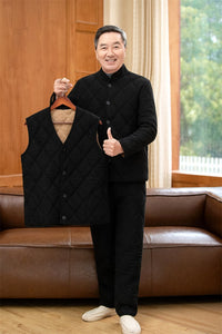 Alt Tag: Winter Dads Cotton Padded Jacket And Pants Set for men, black quilted vest and matching pants shown indoors, warm stylish men's clothing