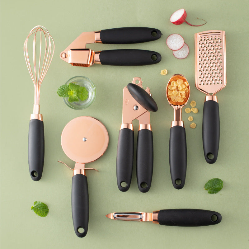 Kitchen Household Peeler Gadget Copper Plating Set rose gold kitchen tools with black handles including peeler, grater, whisk and opener