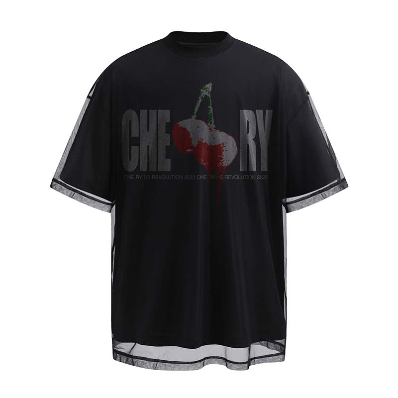 American Fashion Brand Letter Cherry Print Design Double-layer Short-sleeved T-shirt For Men