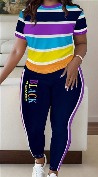 Women Fashionable Colorful Stripe Print T-Shirt And Pants Casual Set null