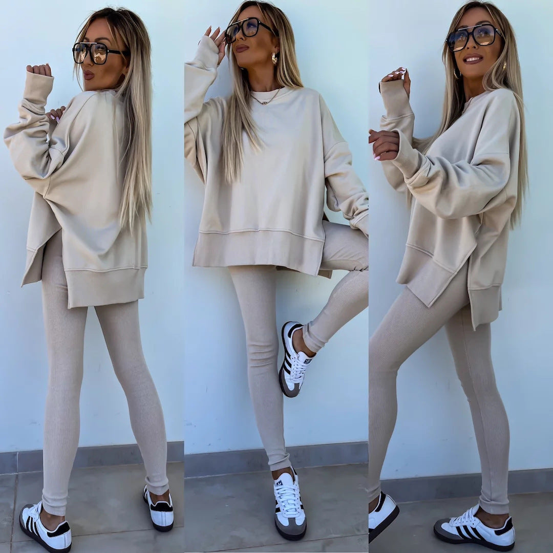 Sweater Suit Women's Casual Loose Long Sleeve Crew Neck Split Top Tight Trousers null