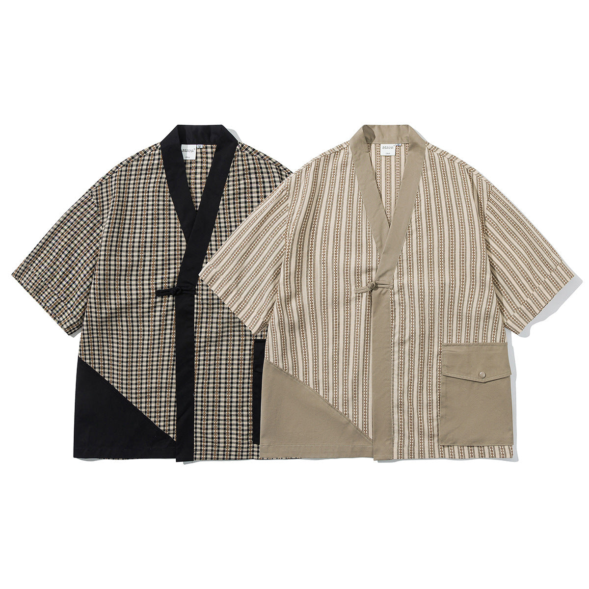 Patchwork Retro Short Sleeve Robe Shirt Men's Vintage Shirt