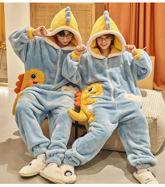 Cute Cartoon Jumpsuit Homewear Couple One-piece Nightgown Coral Fleece Winter Thickened Plush Pajamas For Women Home Clothes null