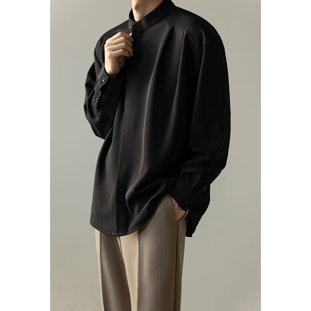 Mens Casual Loose-fitting Long-sleeve Shirt With A Stand-up Collar