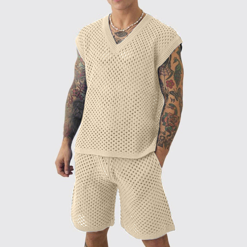 Men's V-neck Knitted Vest Shorts Suit