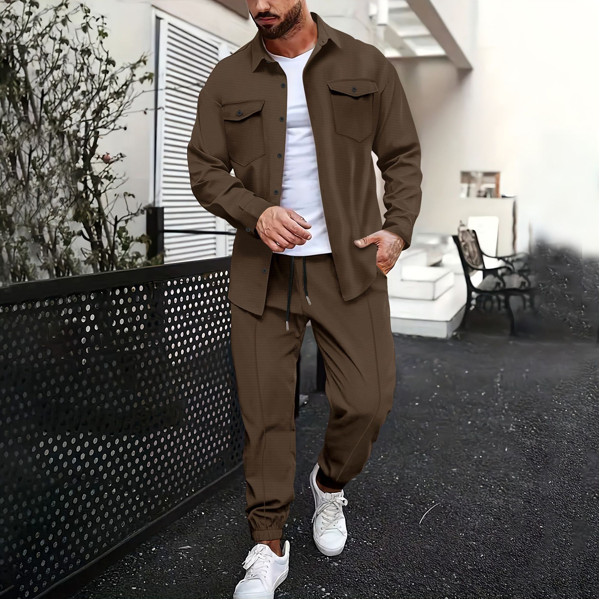 Double Pocket Printed Men's Casual Long Sleeve Shirt Trousers