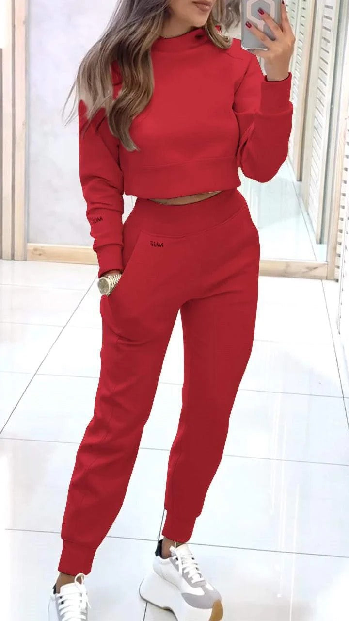 Stand Collar Sports Suit Fashion Pullover Long-sleeves Short Top And Slim Trousers With Pockets Solid Outfits Women's Clothing null