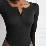 Solid Color Sexy Slim-fit Ribbed Button Long-sleeve Women's Bodysuit