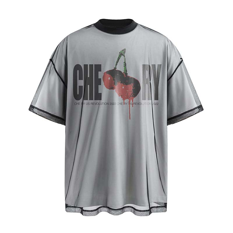 American Fashion Brand Letter Cherry Print Design Double-layer Short-sleeved T-shirt For Men