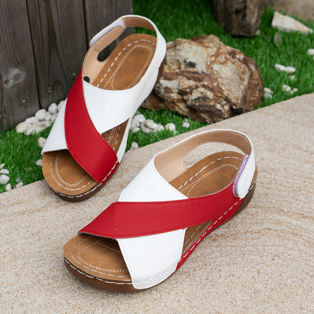 Summer Wedges Sandals With Colorblock Cross-strap Design Casual Thick-soled Roman Shoes For Women null