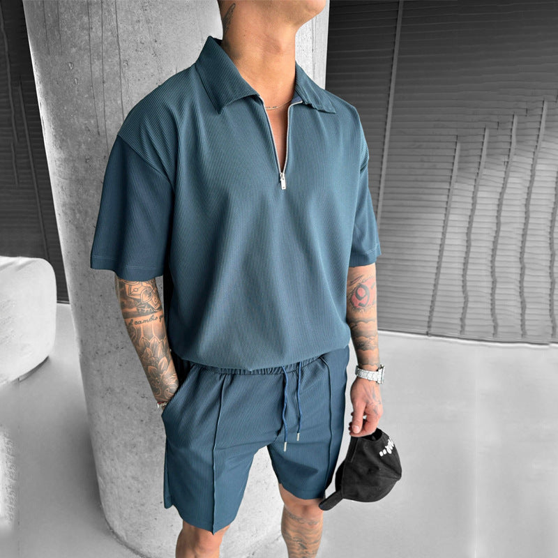 Summer Fashion Mens Clothing  Men's Suits New Zipper Polo Casual Short Sleeve Drawstring Shorts Men's Set null