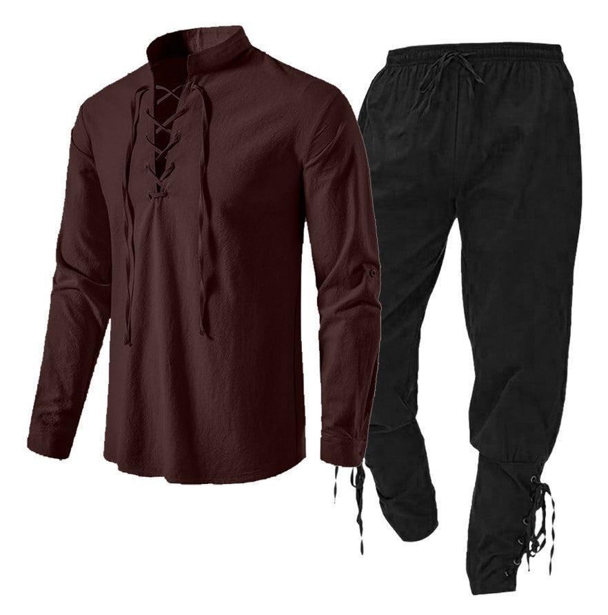 Men's Long Sleeve Linen Cotton Shirt Casual Solid Color Two-Piece Set