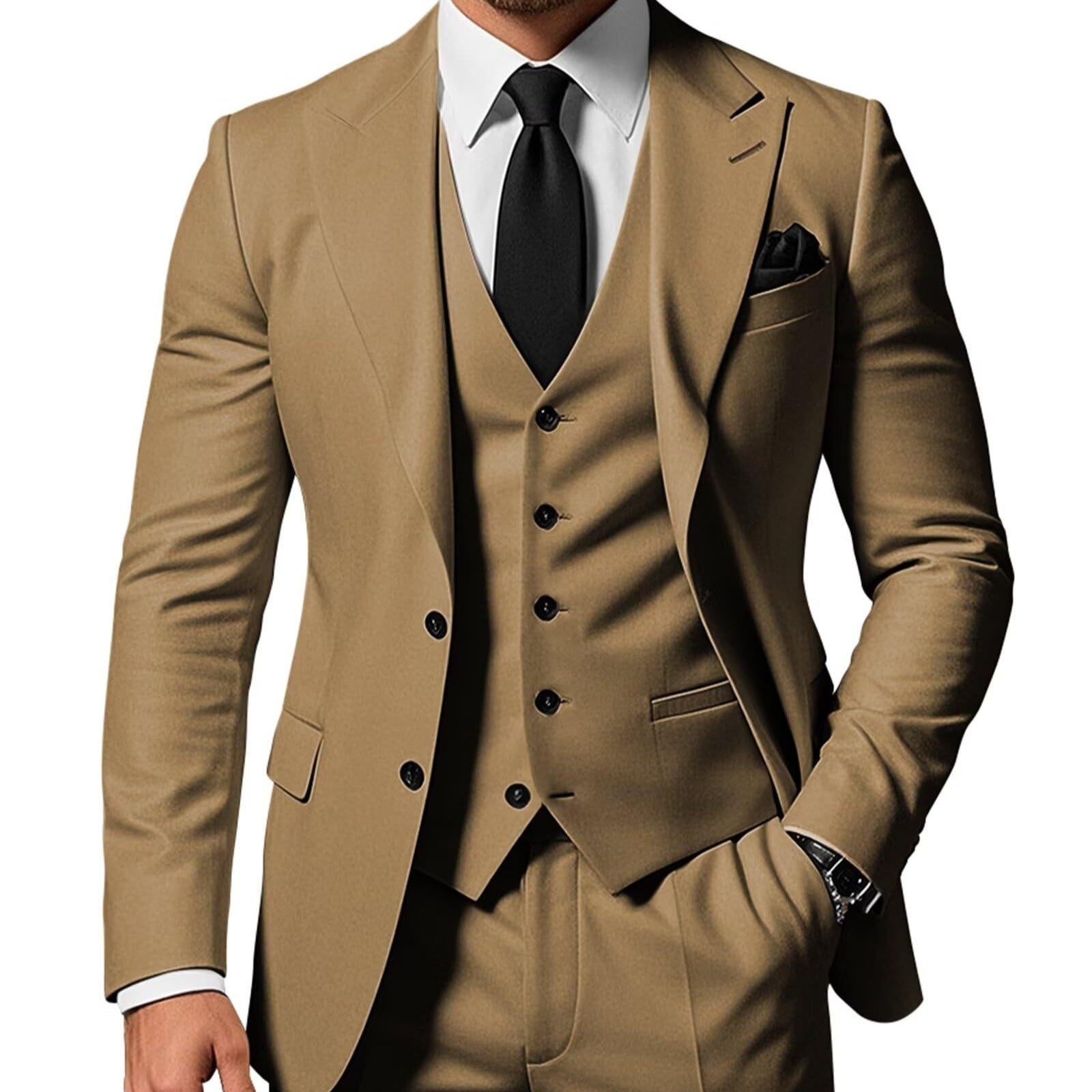 Men's Solid Color 2-piece Buckle Casual Jacket Vest Pants Set