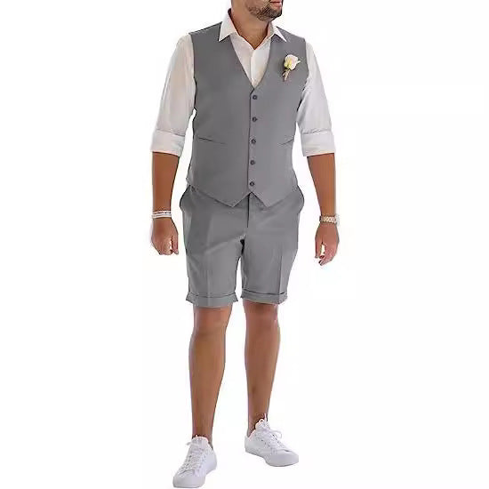 Men's Linen Suit 2 Piece Set Beach Wedding Shorts And Vest Suit