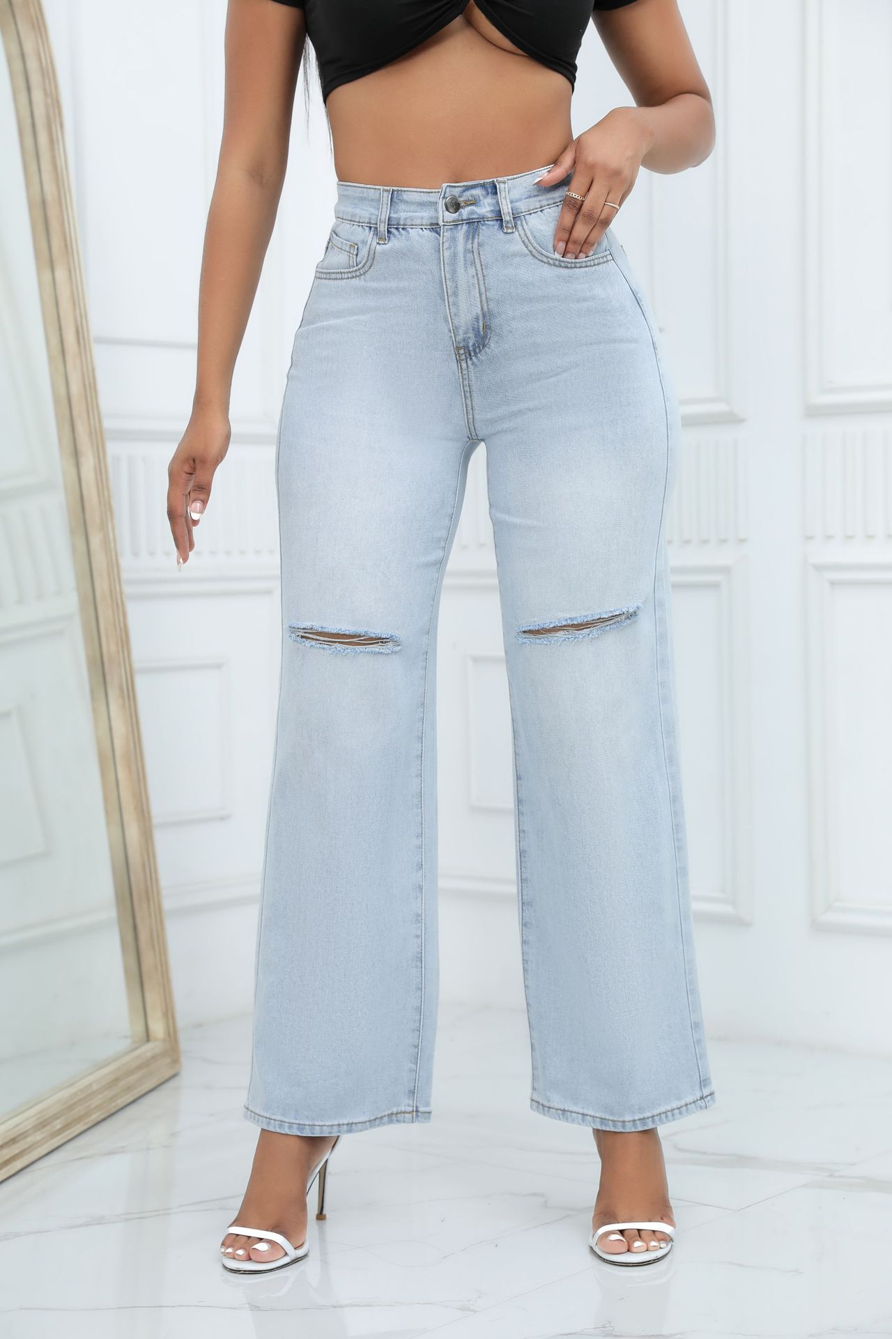 Elegant Ripped Wide-leg Jeans Women null