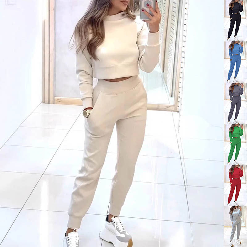 Stand Collar Sports Suit Fashion Pullover Long-sleeves Short Top And Slim Trousers With Pockets Solid Outfits Women's Clothing null