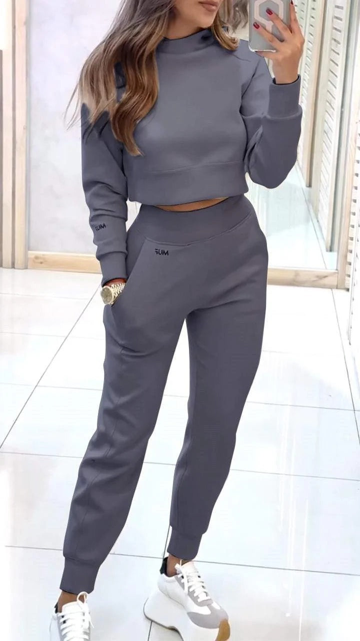 Stand Collar Sports Suit Fashion Pullover Long-sleeves Short Top And Slim Trousers With Pockets Solid Outfits Women's Clothing null