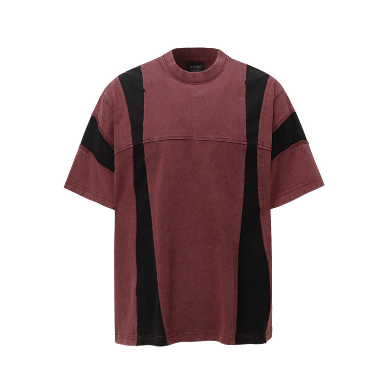 Retro Washed Distressed Short Sleeve Men's Stitching Contrast Color