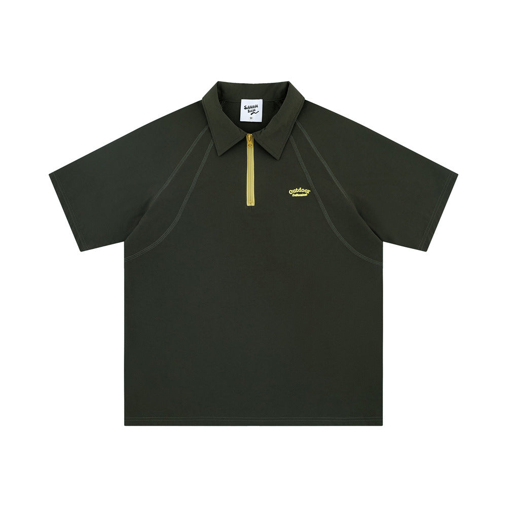 Men's Sports Topstitching Half Zipper And Lapel Short Sleeve