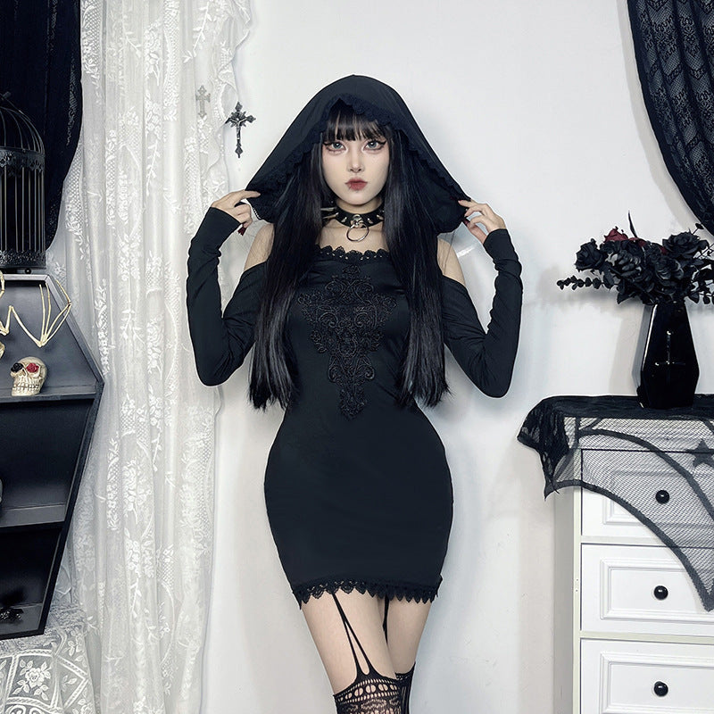 Hooded Lace Long-sleeved Dress Women null