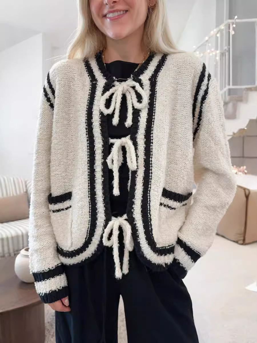 Knitted Lace-up Pocket Sweater Coat Women's Clothing null