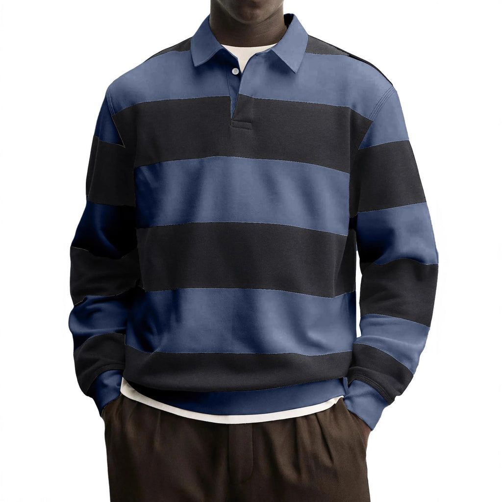 Mens Loose-collar Long-sleeved Striped T-shirt