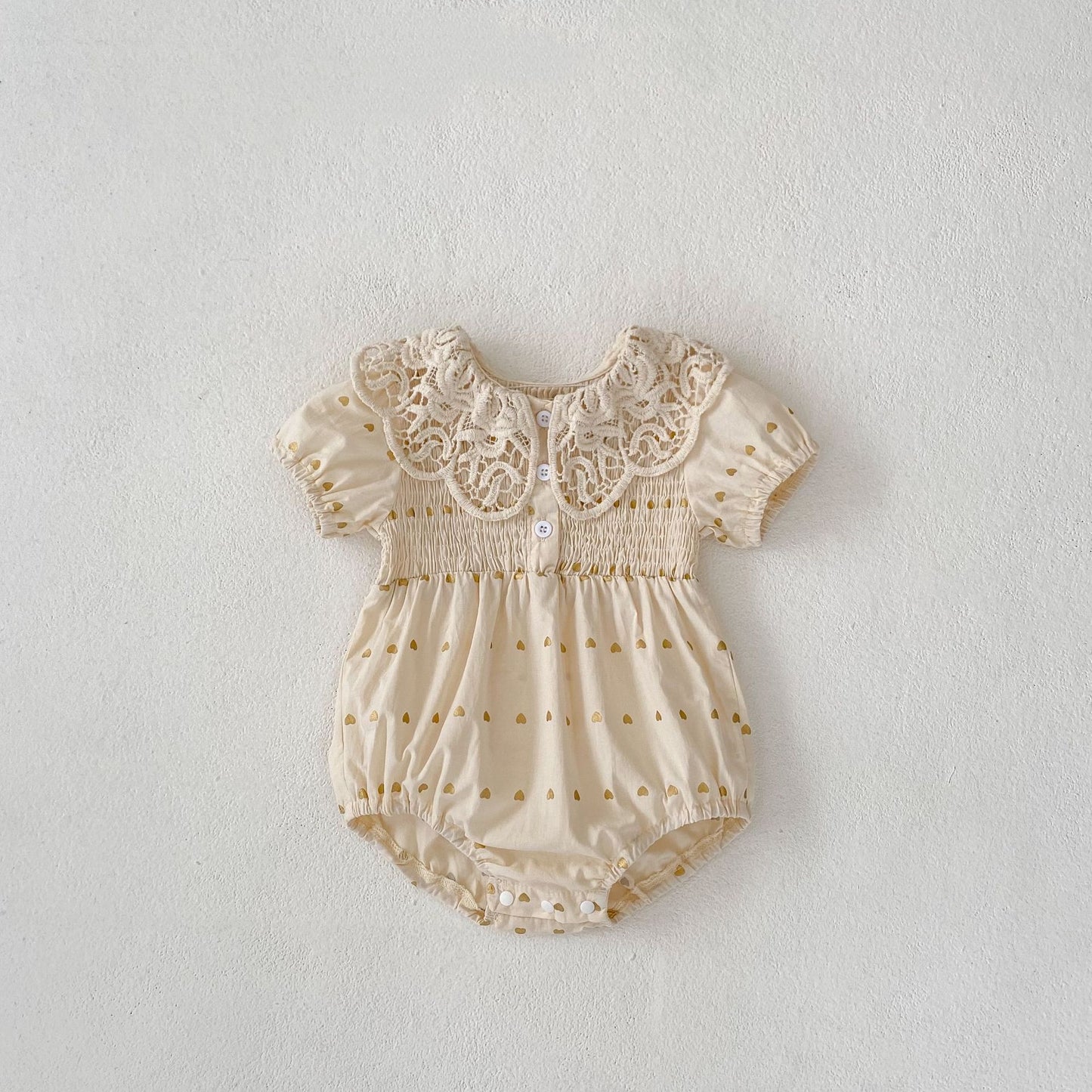 Big Lace Lapel Heart Printing Short Sleeved Kazakhstan Young Baby Girl Onesie Jumpsuit