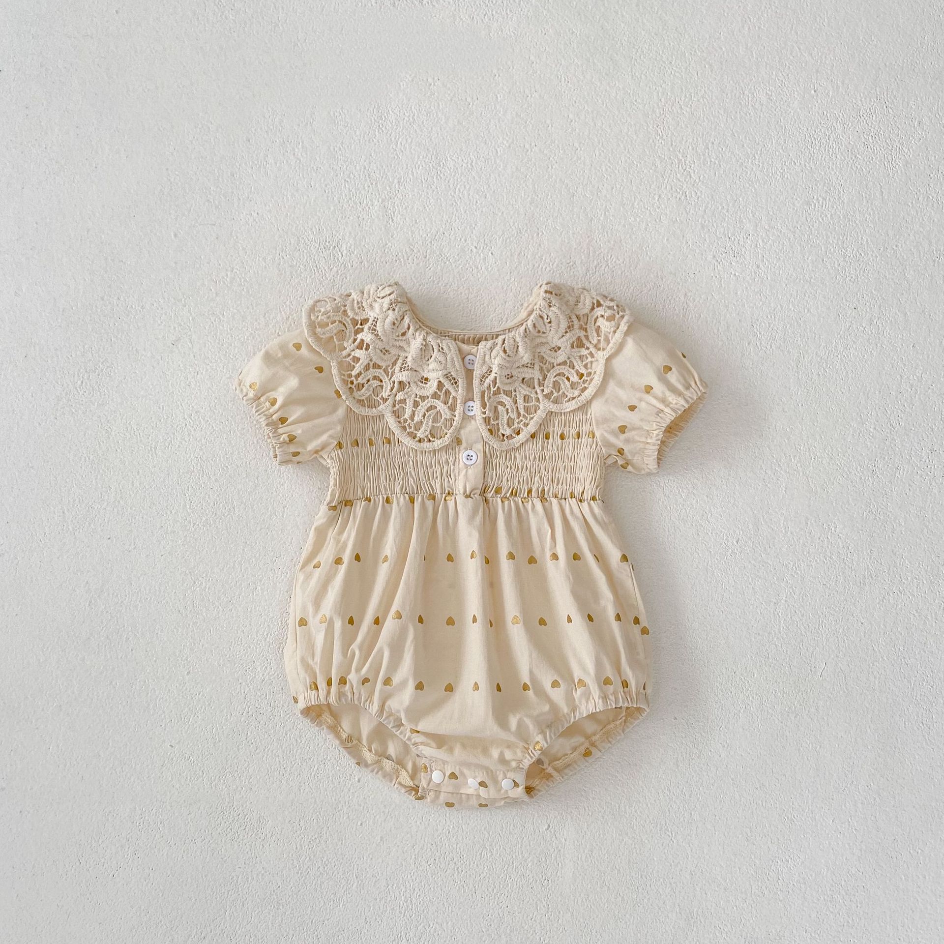 Big Lace Lapel Heart Printing Short Sleeved Kazakhstan Young Baby Girl Onesie Jumpsuit