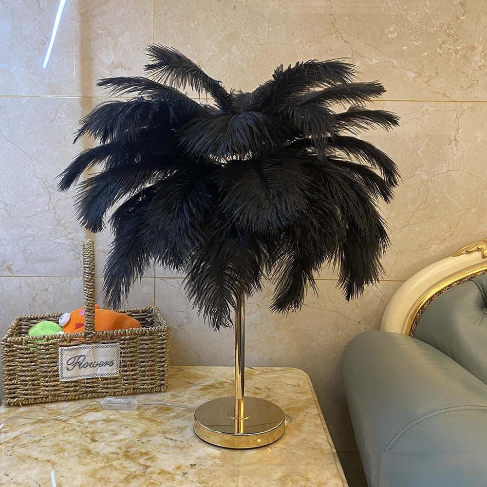 Natural Ostrich Feather Usb Charging Night Lamp Atmosphere Girls Bedroom Cozy True Feathers null