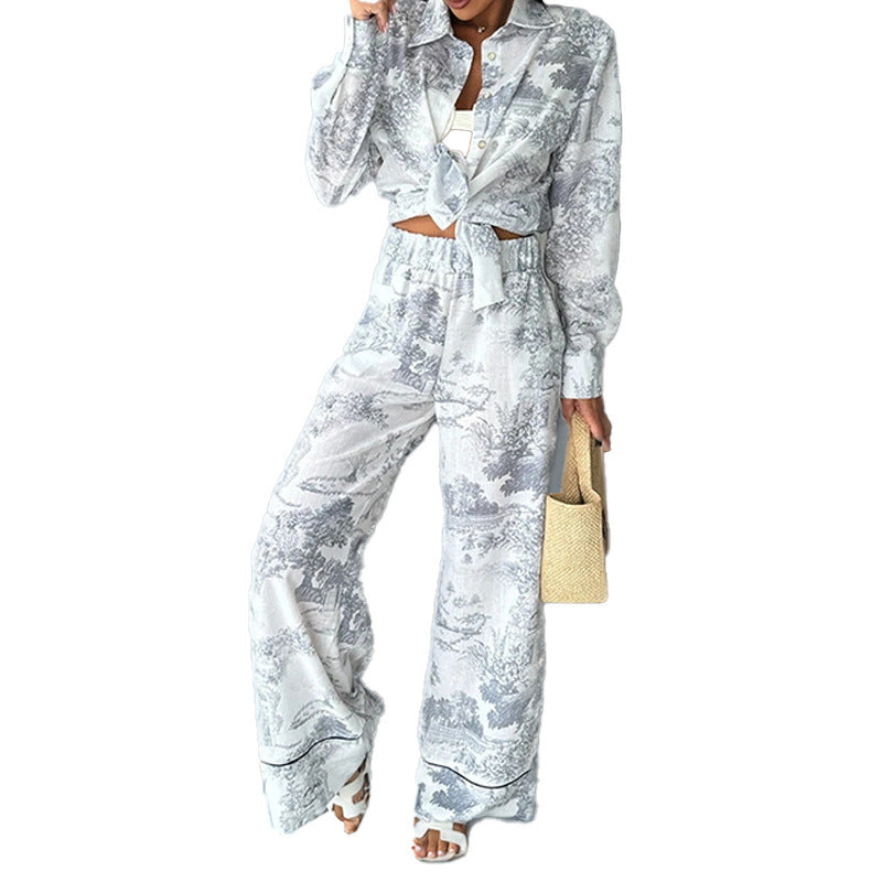 Women's Printed Shirt Long-sleeved Wide-leg Pants null