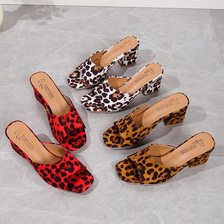 Leopard Square Toe Sandals Summer High-heeled Slippers Chunky Heel Shoes For Women null