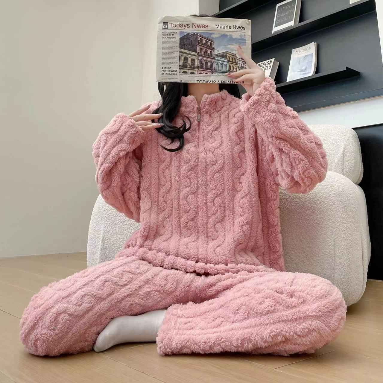 Autumn And Winter New Twist Zipper Couple Fleece-lined Thick Coral Fleece Pajamas Homewear Loungewear Sleepwear For Sleeping null