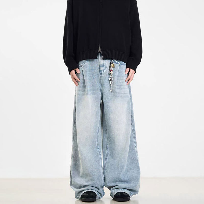 Retro Side Double Oblique Pleated Washed Blue Jeans For Men And Women