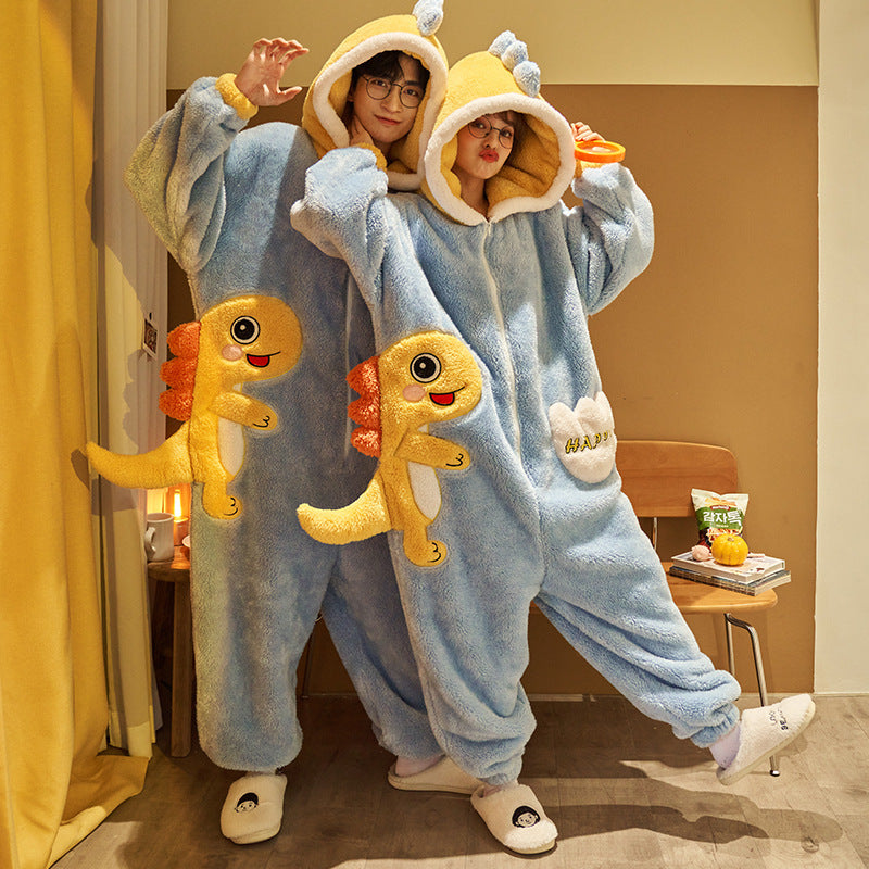 Cute Cartoon Jumpsuit Homewear Couple One-piece Nightgown Coral Fleece Winter Thickened Plush Pajamas For Women Home Clothes null