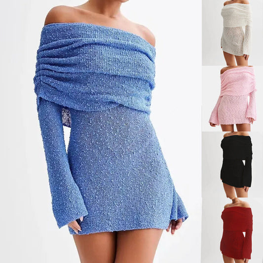 Women's Spring Summer Knitted Dress Elegant Party Boat Neck Dress Infant Off Shoulder Bodycon Long Sleeve Fuzzy Short Club Chic Mini Dress null