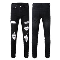 Street-style Mens Ripped Corduroy Patch Denim Jeans