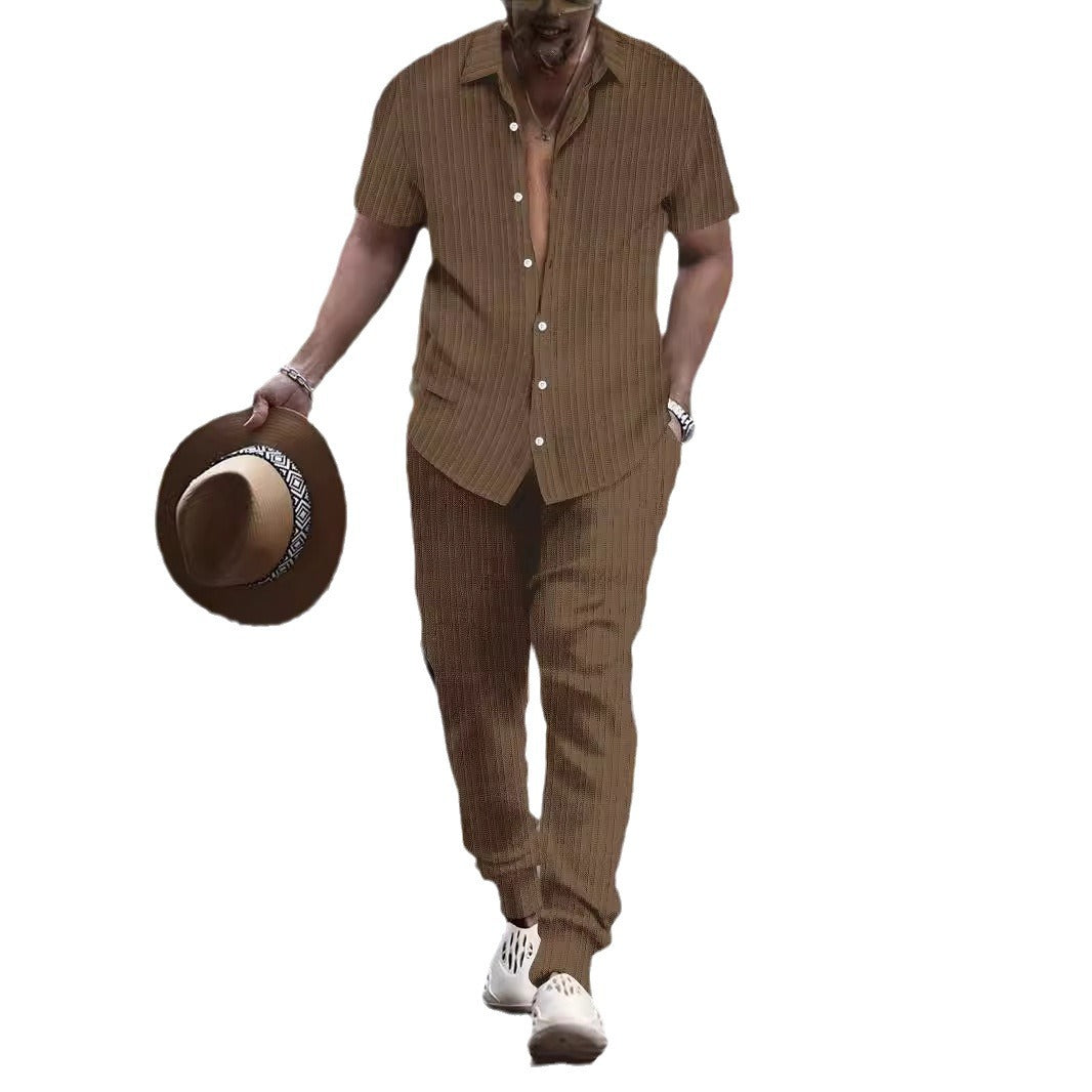 Men's Shirt Casual Loose Short Sleeves Trousers Beach Suit