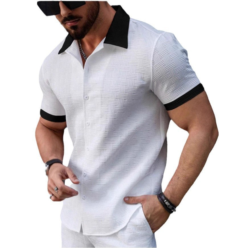 Stylish Mens Jacquard Color-block Casual Short-sleeve Shirt