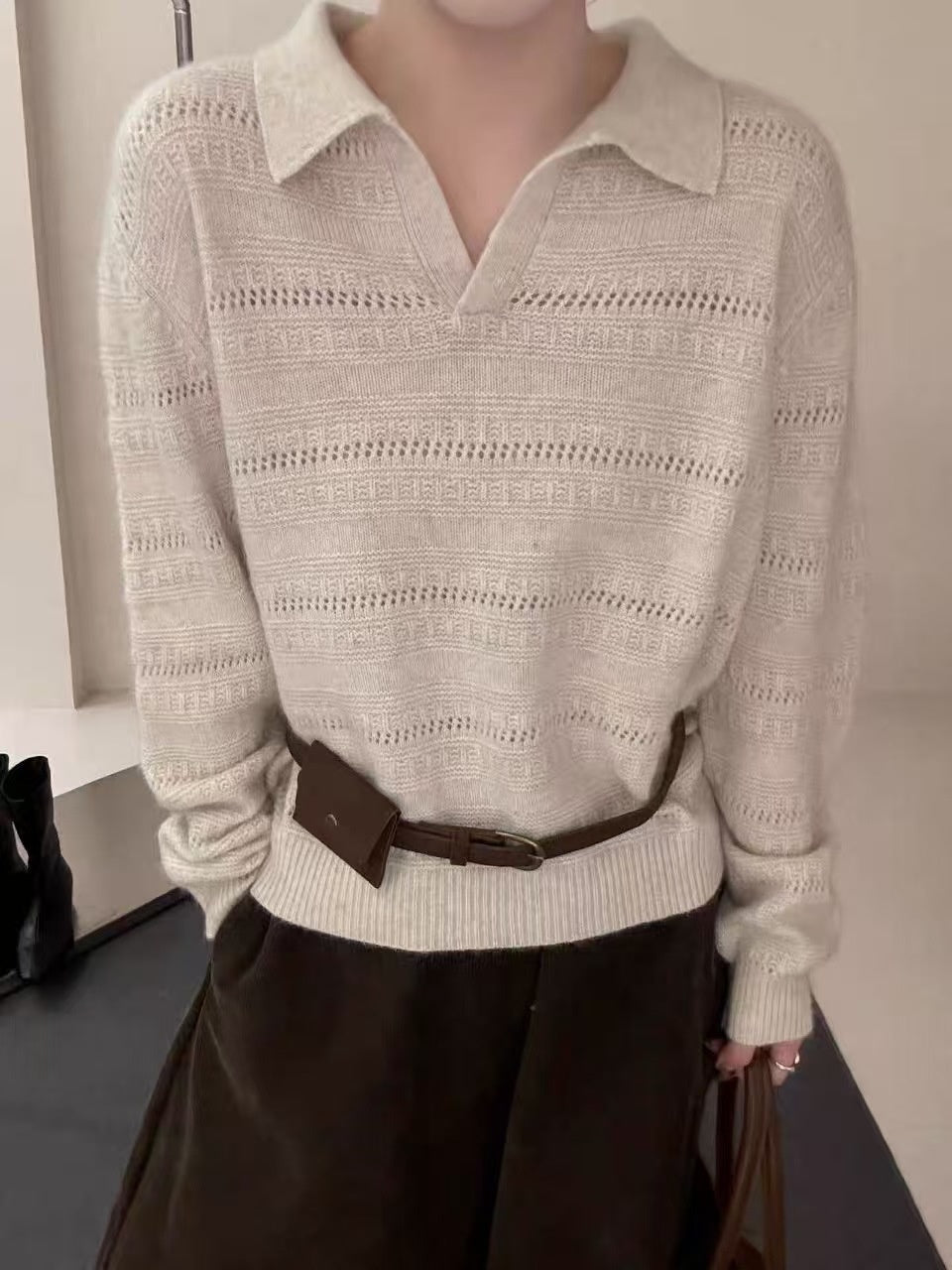 Womens Polo-Neck Sweater Fashionable Casual Artistic Solid-Color