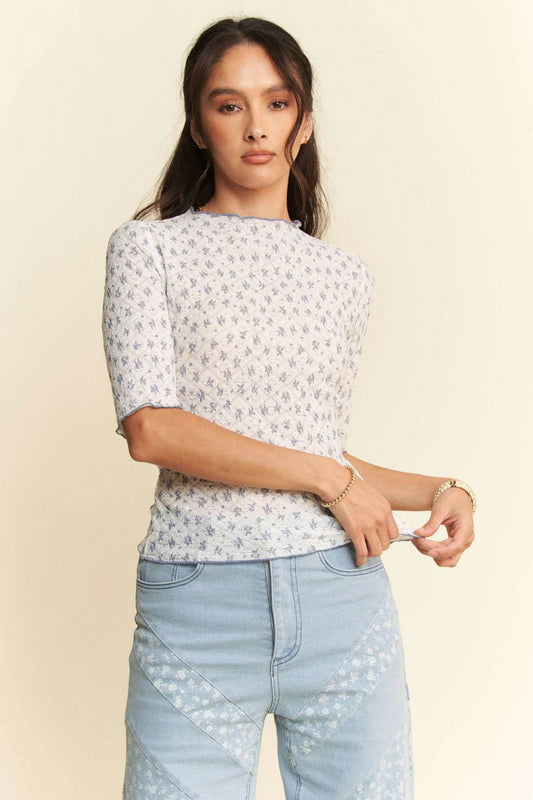 Davi & Dani Lace Stretch Floral Marrow Edge Half Sleeve Top - Update Avenue 