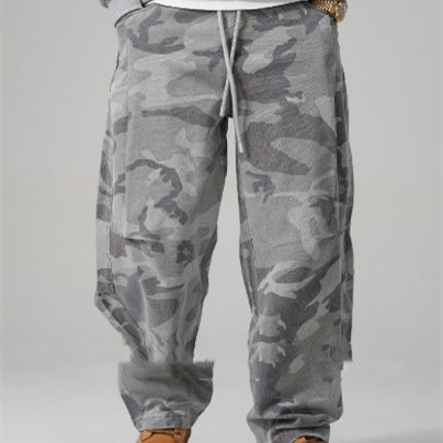 American-style Retro Pure Cotton Camouflage Work Pants Straight-leg Loose Fit With A Drawstring