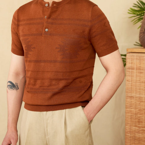 Knitted Henley Shirt American Retro Slim-fit Short Sleeve