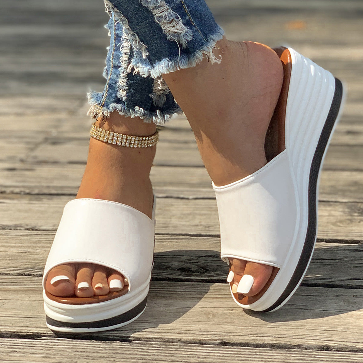 Fish Mouth Wedges Sandals Summer Fashion Hollow Design High Heels Slides Slippers Casual Beach Shoes For Women null