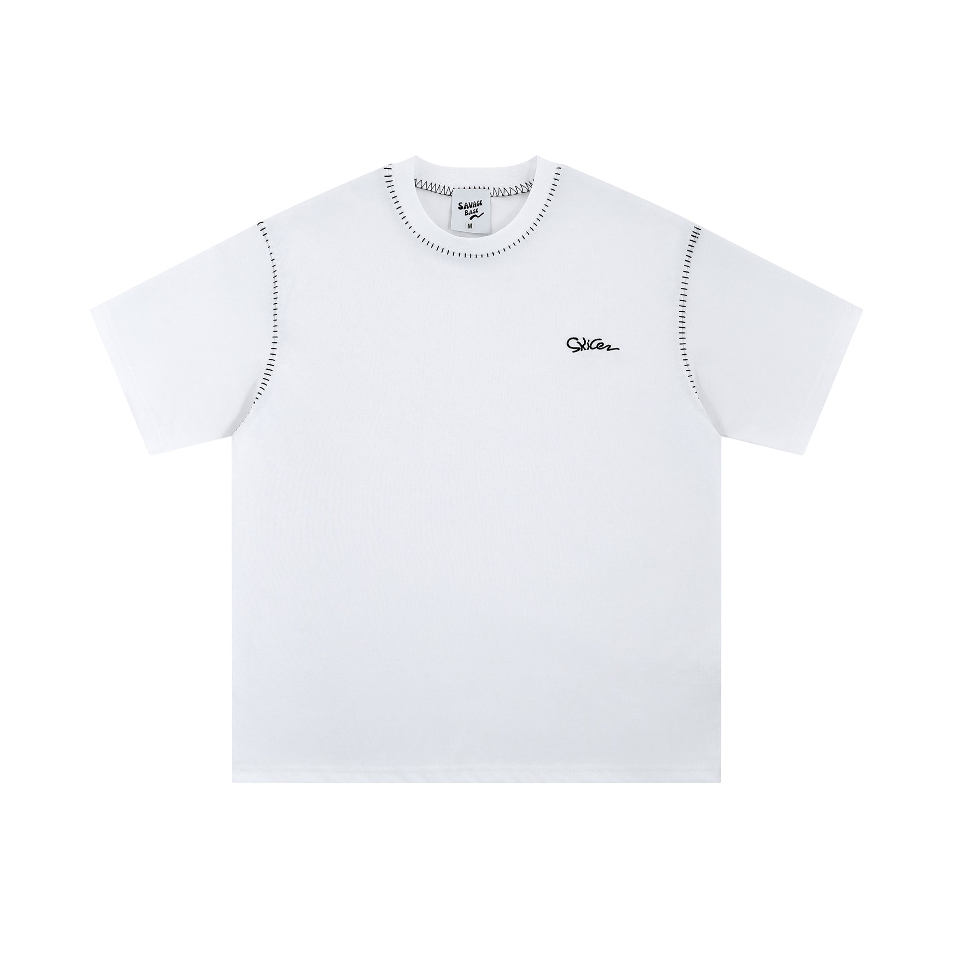 Open Line Stitching Round Neck Short Sleeve T-shirt Casual Loose