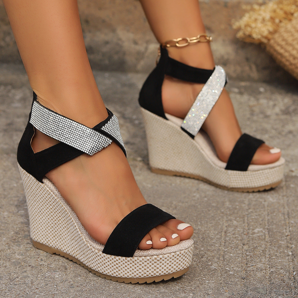 Fish Mouth High Wedges Sandals With Rhinestone Design Fashion Summer Platform Shoes For Women null