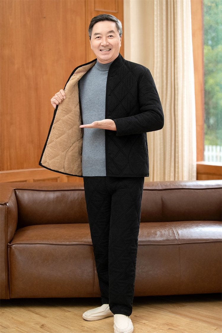 Alt Tag: Winter Dads Cotton Padded Jacket And Pants Set modeled by man indoors, warm quilted jacket with pants, stylish men's clothing for modern men fashion