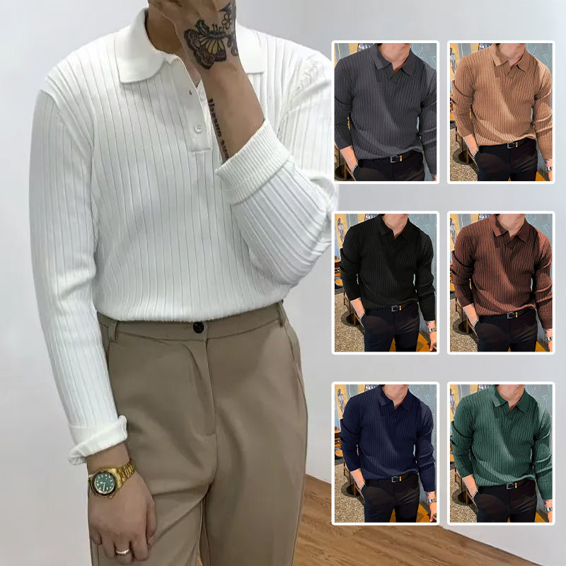 Lapel Texture Stretch Slim Knit Polo Shirt Men Polo Shirt Fashion Waffle Long-sleeved Tops Clothing Casual Comfortable Golf Men's Clothing null